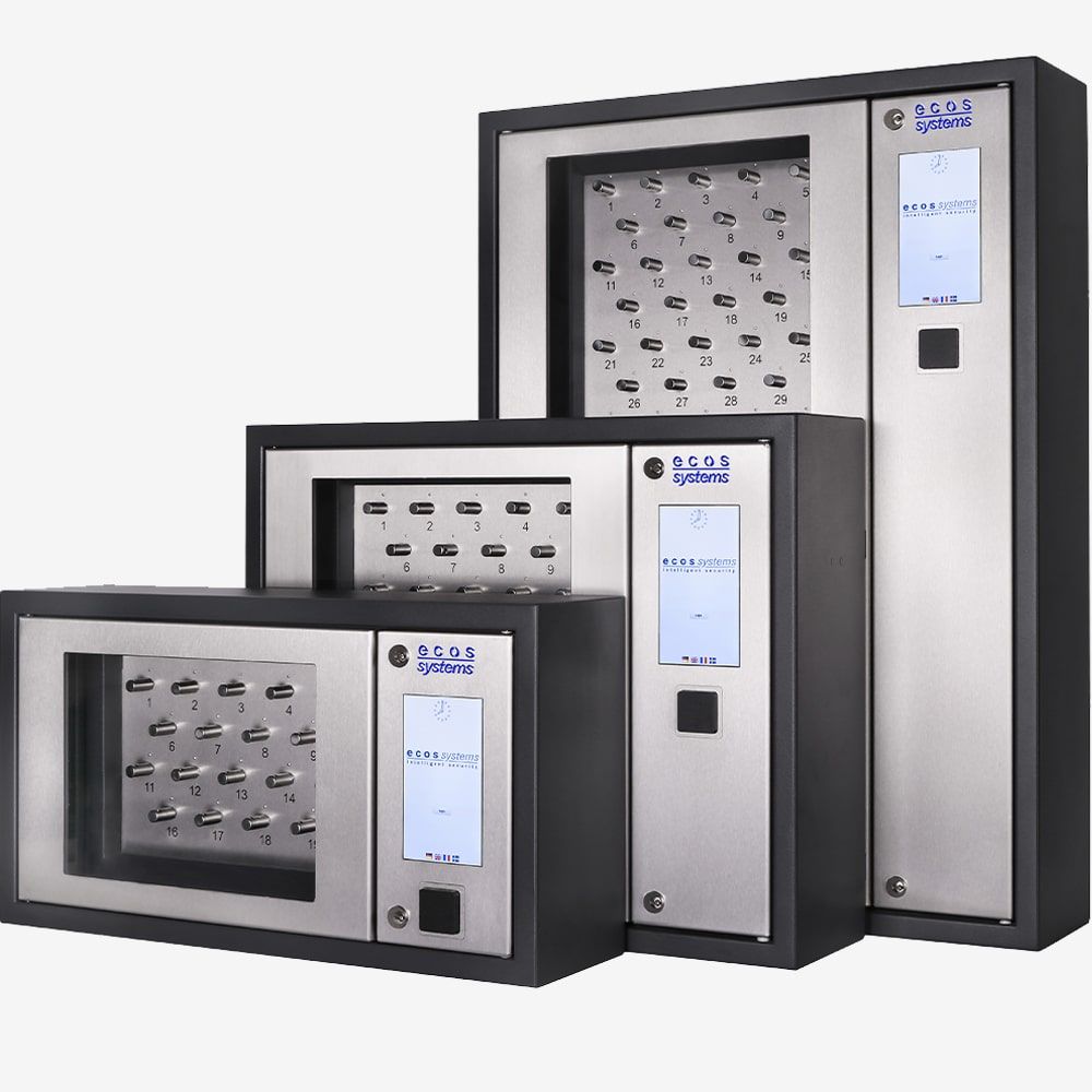A high-tech intelligent key management cabinet featuring a touchscreen interface and glowing RFID key slots.