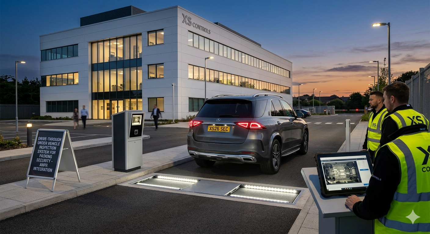 A drive-through under vehicle inspection system for parking security installed at a corporate garage entrance, featuring ANPR integration.